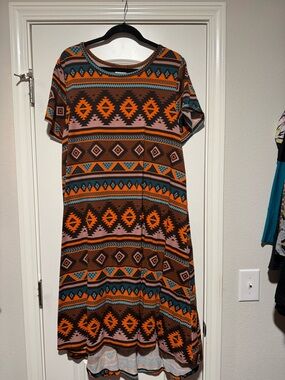 LuLaRoe Geometric Midi Dress in Orange, Brown, Teal and Pink
